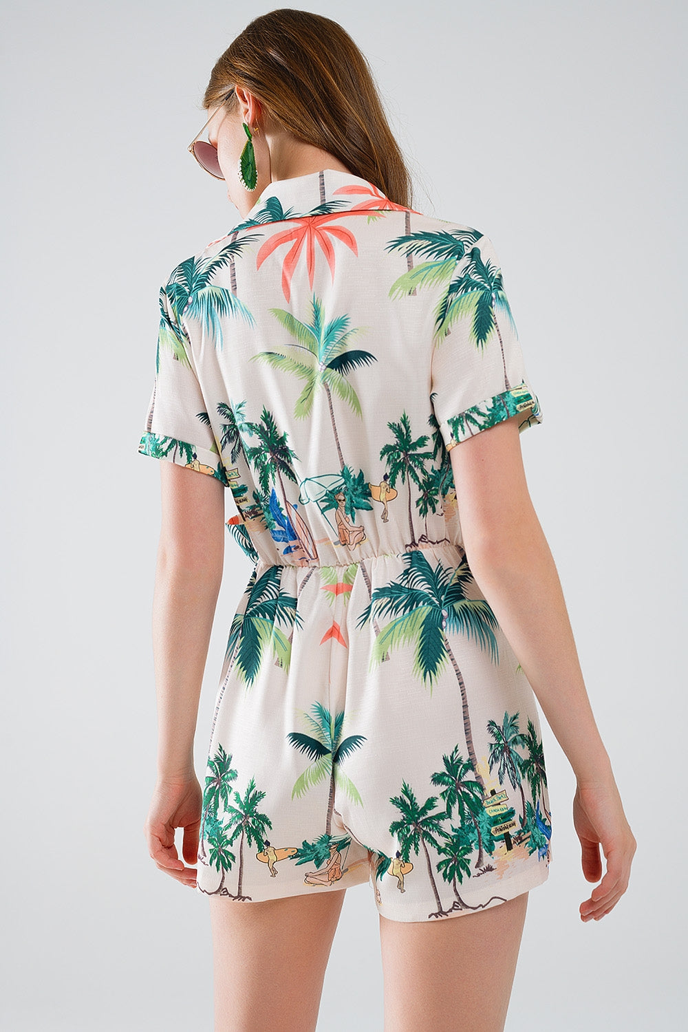 Cream Jumpsuit with beach Print and Crossed Top - Dresses