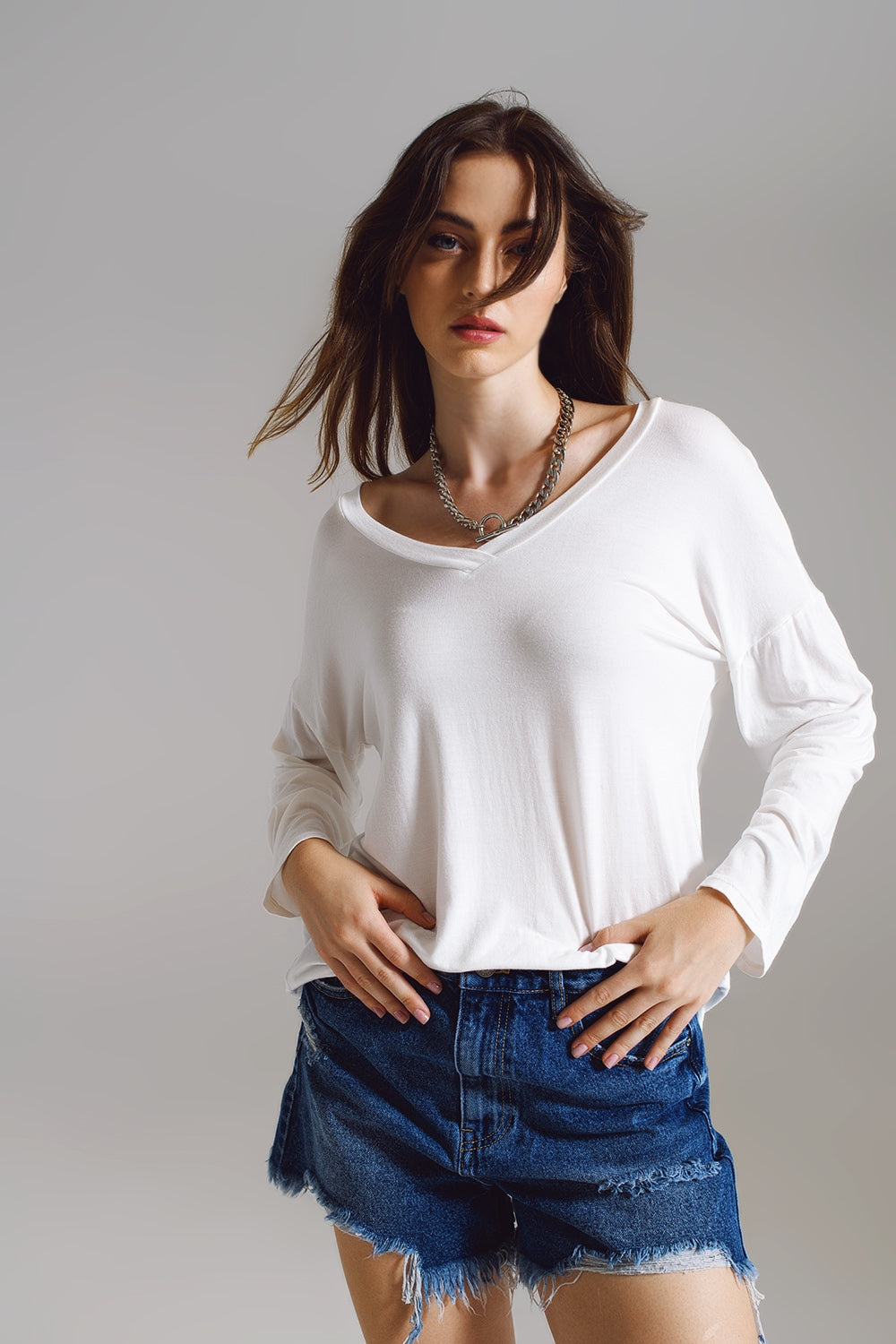 Cream long sleeve v neck top in modal - Tops