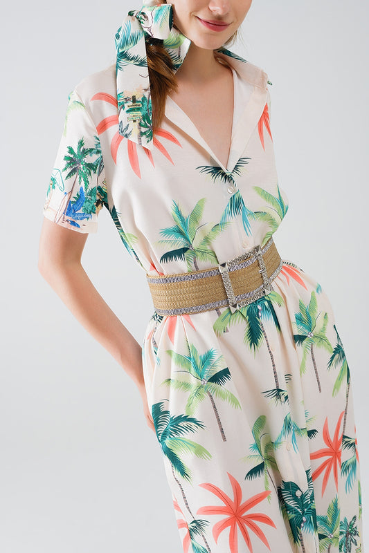 Cream Midi Dress with Beach Print and Polo Collar - Dresses