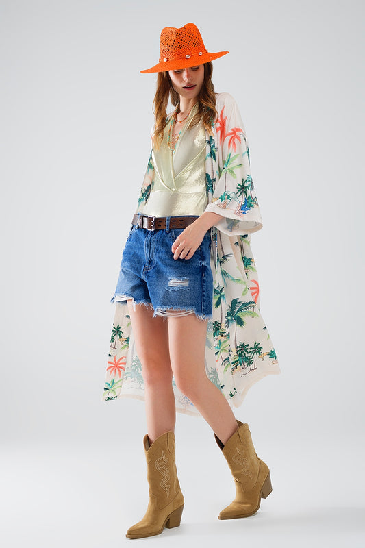 Cream Open Kimono with Beach Print in Midi Length - Kimonos