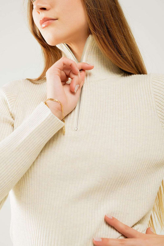 cream ribbed fitted sweater with zip closure - Jumpers