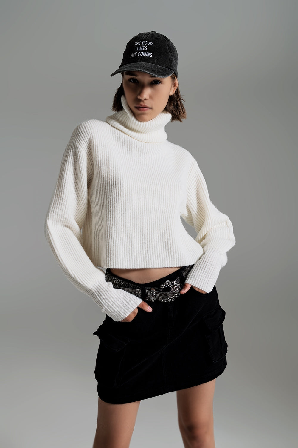 Cream ribbed knit turtleneck jumper with balloon sleeves - Jumpers