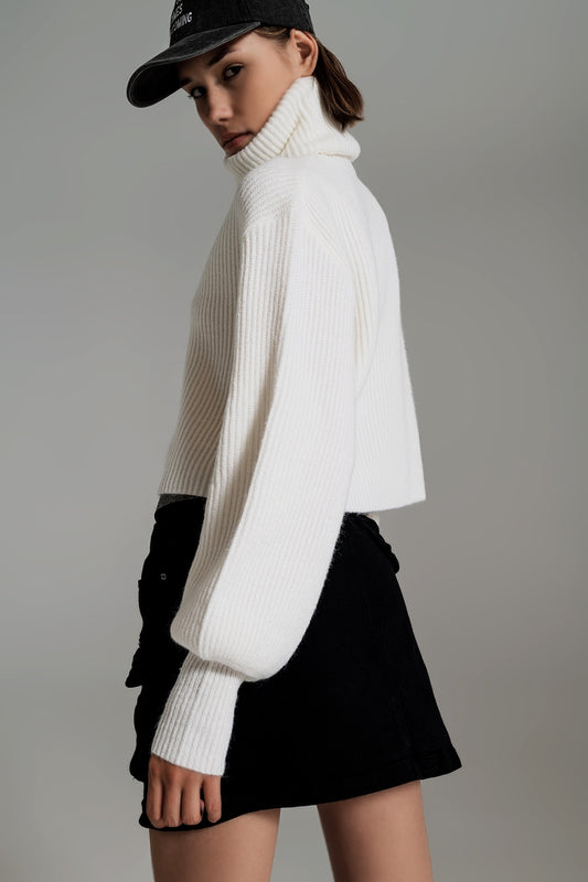Cream ribbed knit turtleneck jumper with balloon sleeves - Jumpers