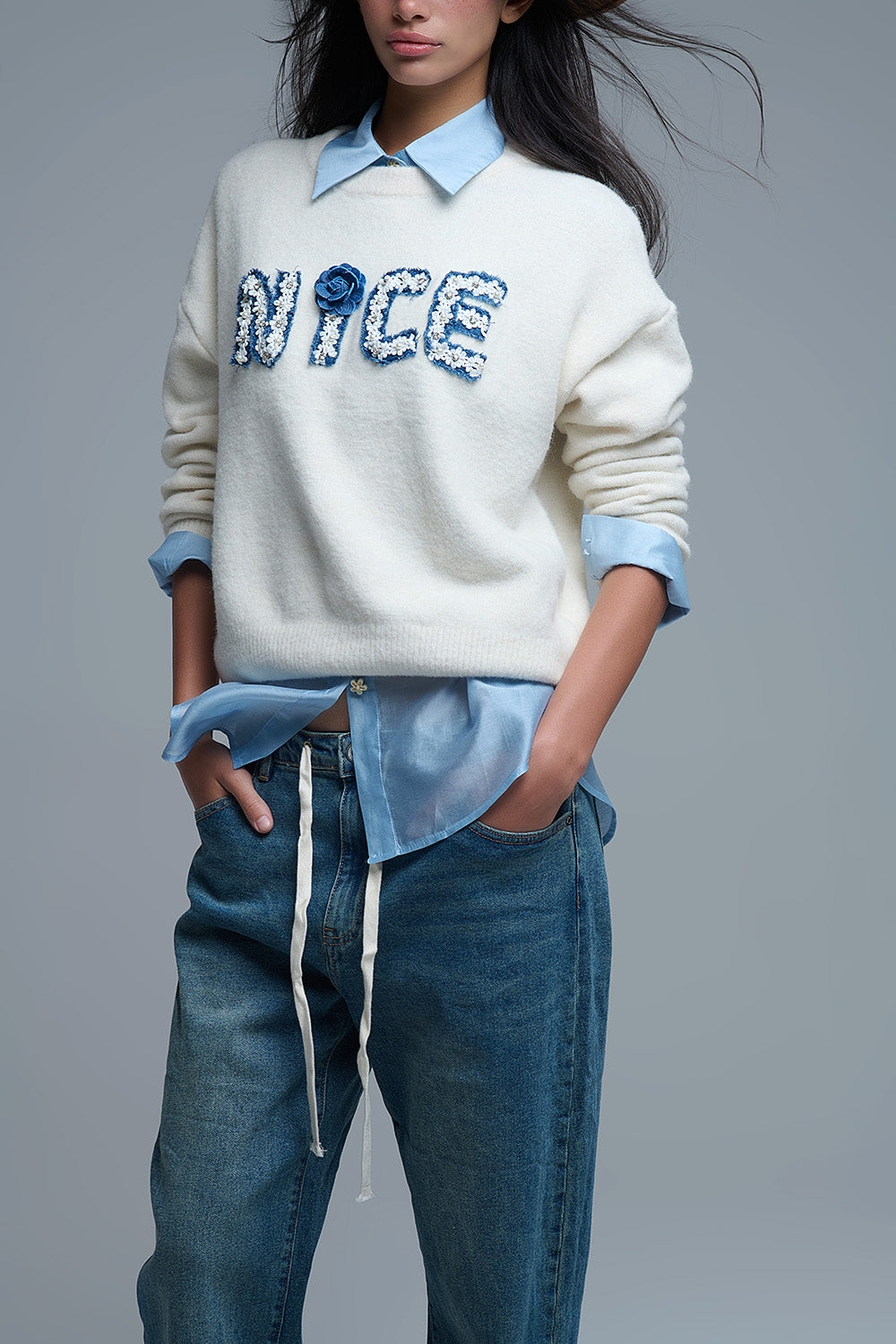 Cream Round Neck Sweater With Embroidered Nice - Sweaters