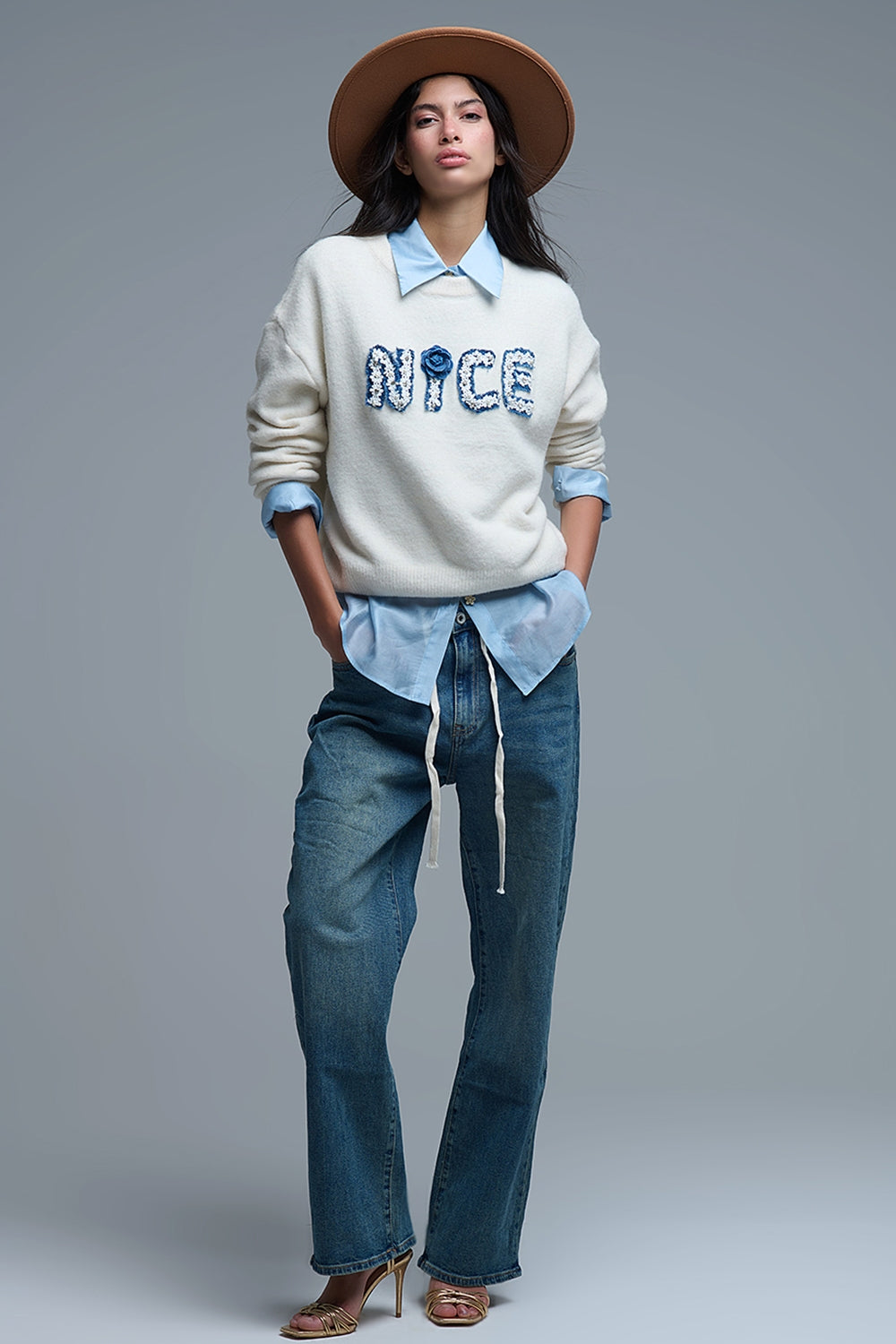 Cream Round Neck Sweater With Embroidered Nice - Sweaters