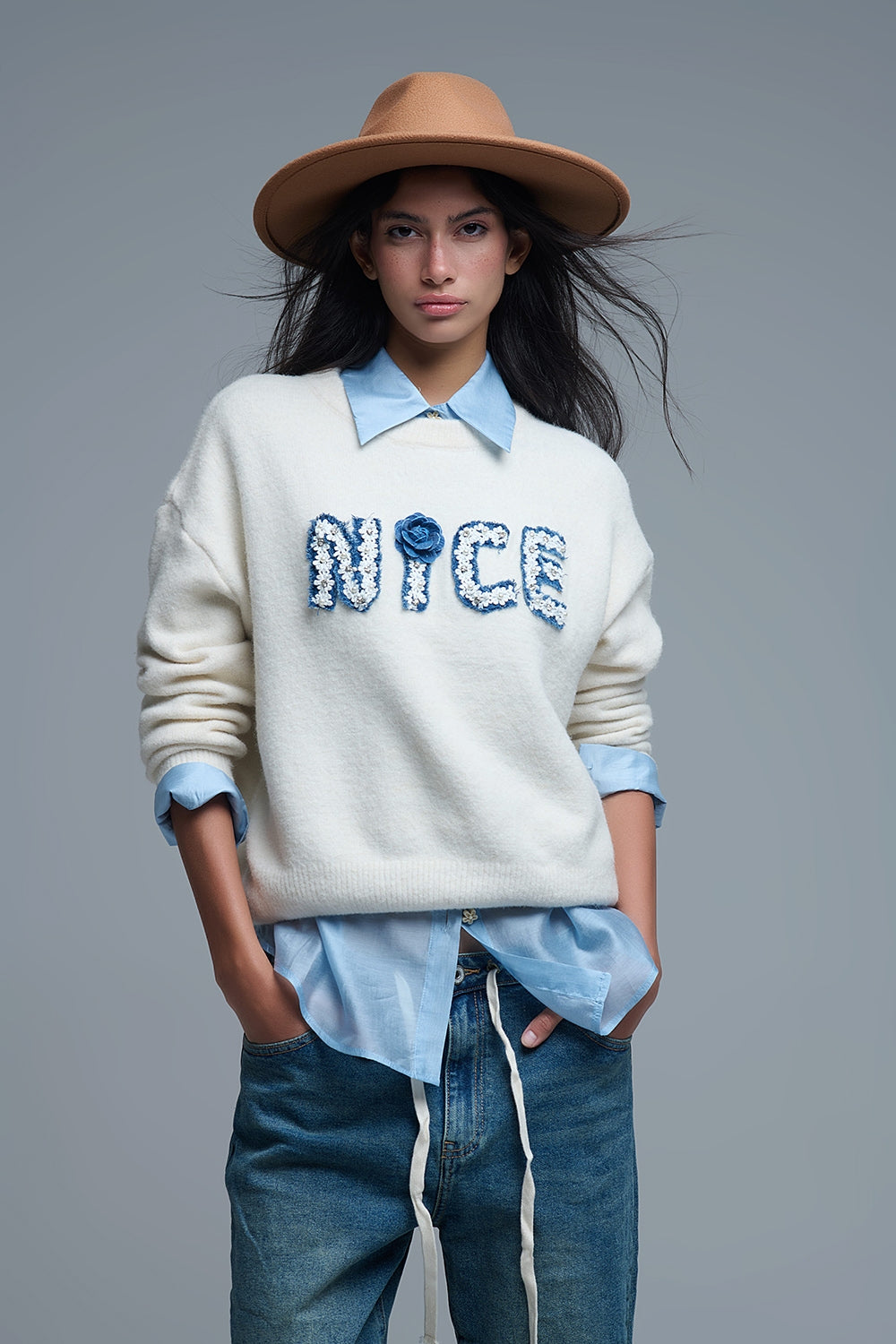 Cream Round Neck Sweater With Embroidered Nice - Sweaters