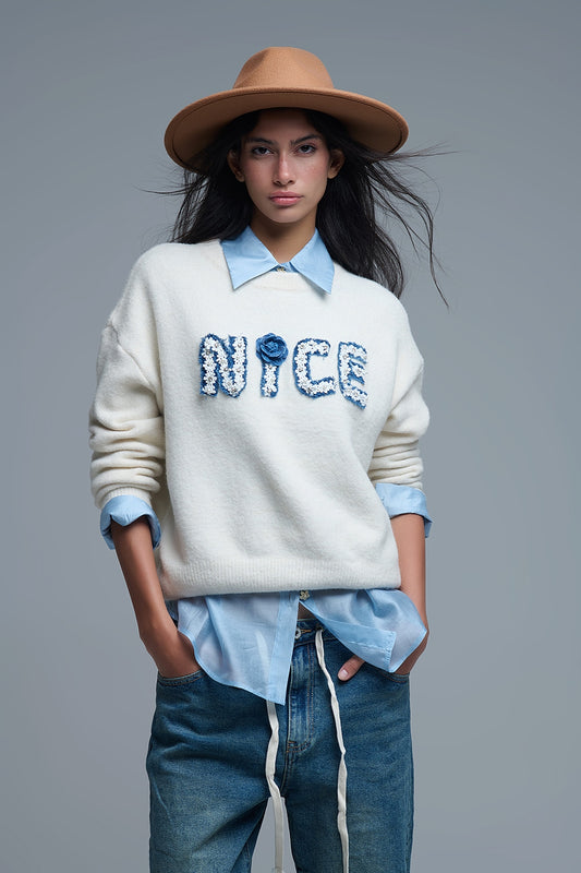 Cream Round Neck Sweater With Embroidered Nice - Sweaters