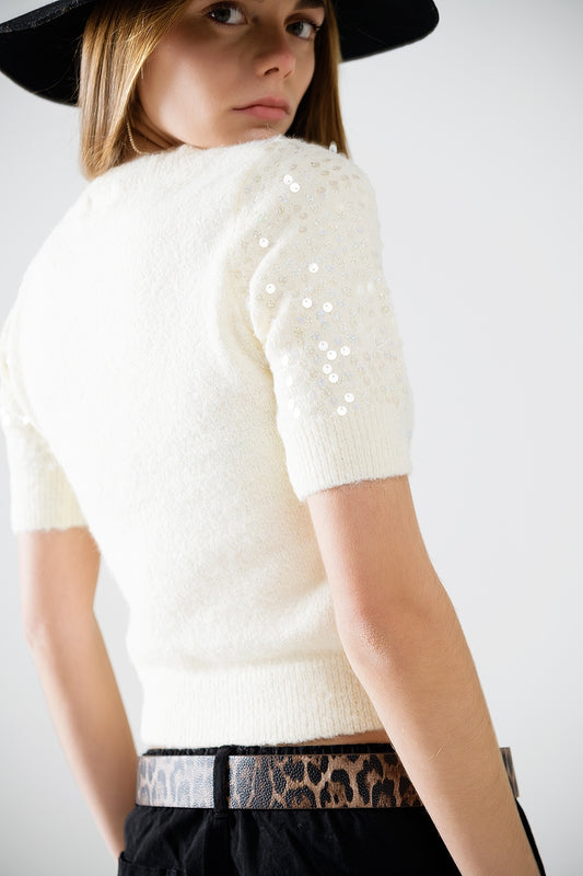 Cream short sleeve sequin sweater - Jumpers