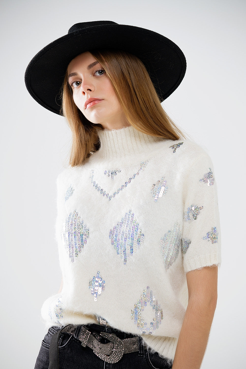 Cream short sleeve sweater with sequin embellishment - Jumpers