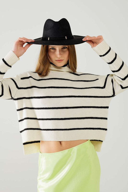 Cream striped sweater in black with high neck - Jumpers