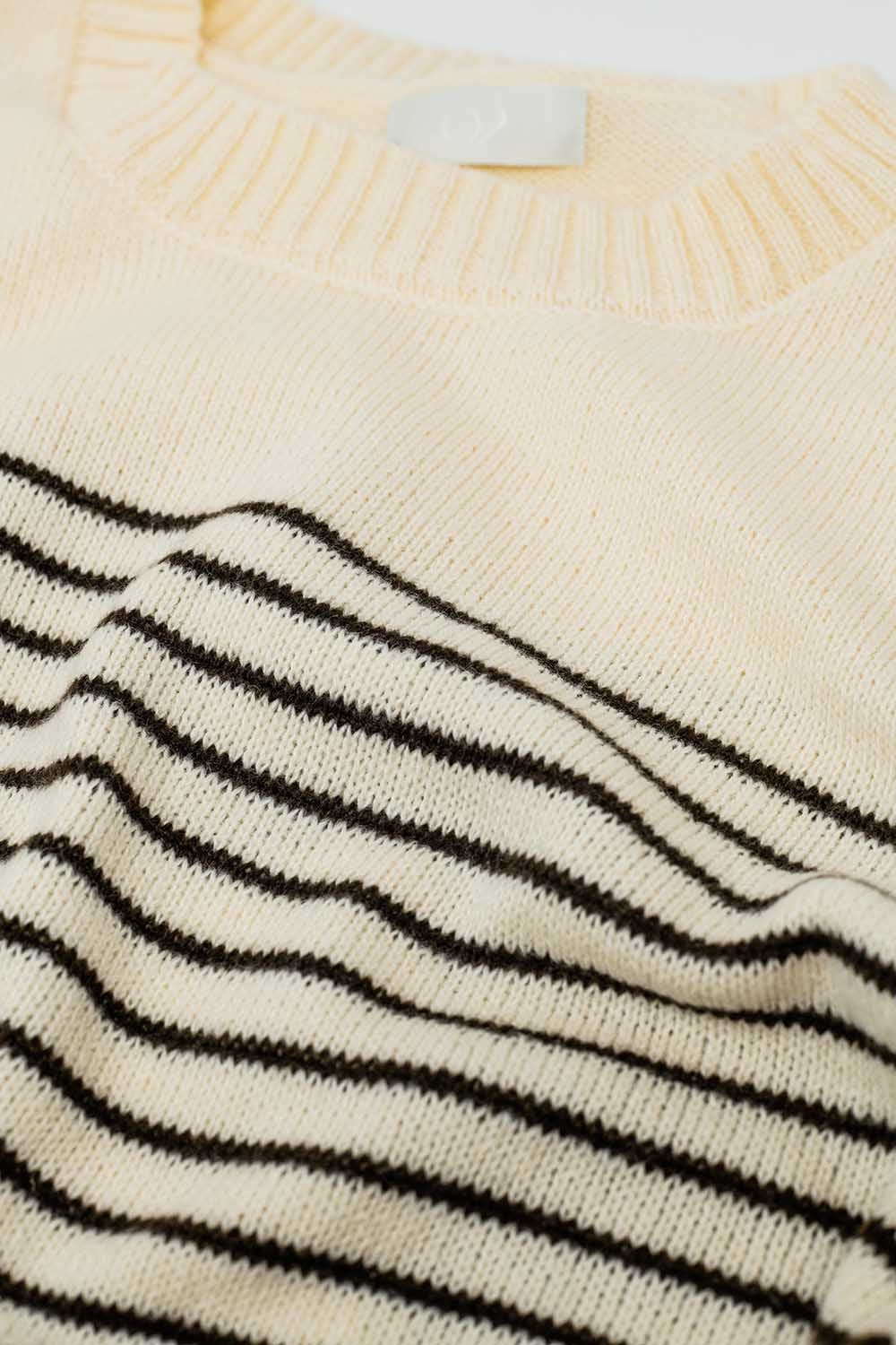 Cream sweater with brown stripes and boat neck - Sweaters