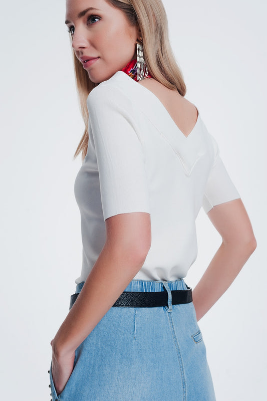 cream sweater with v neck and short sleeves - T-shirts