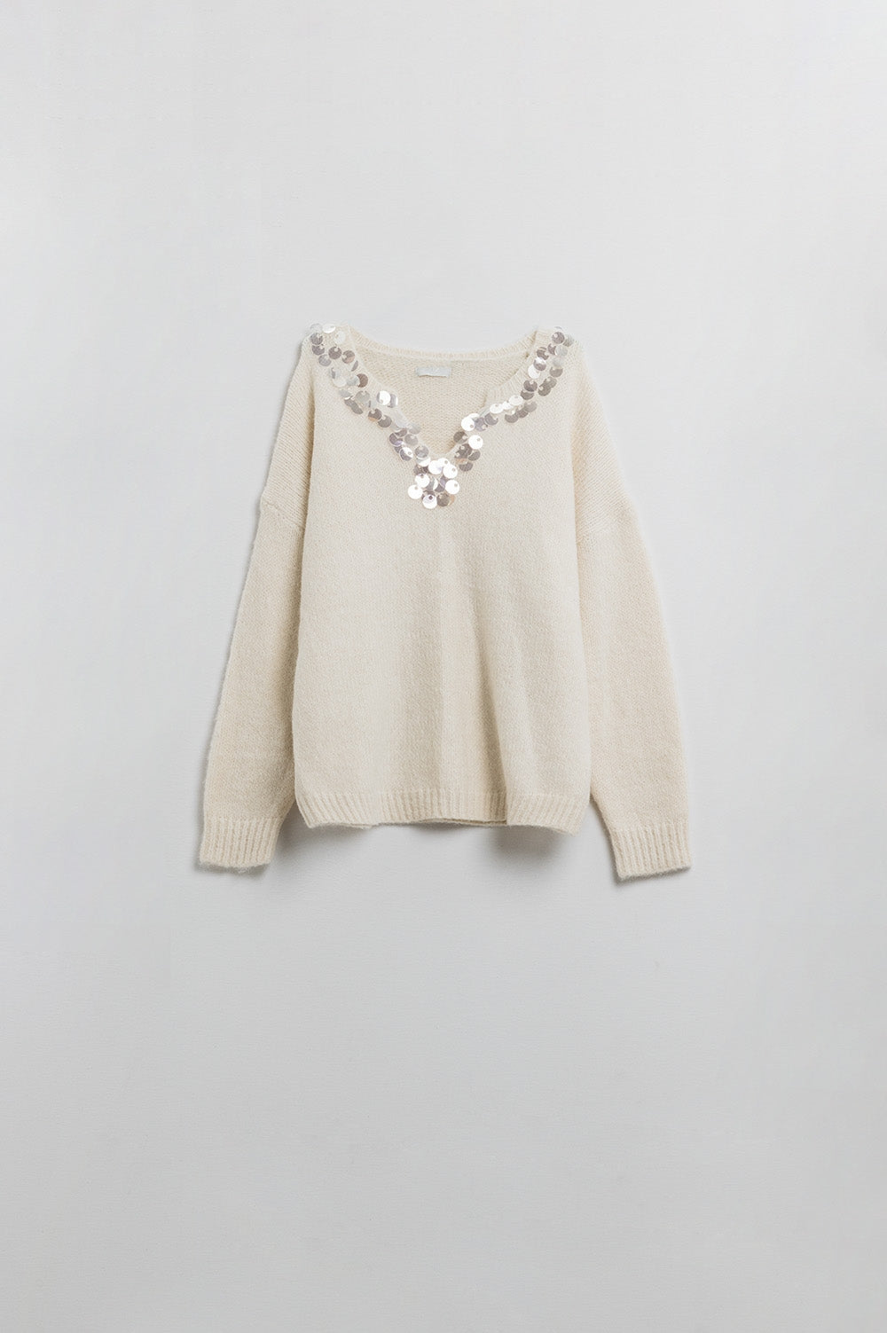 Cream V-neck sweater with sequin detail - Jumpers