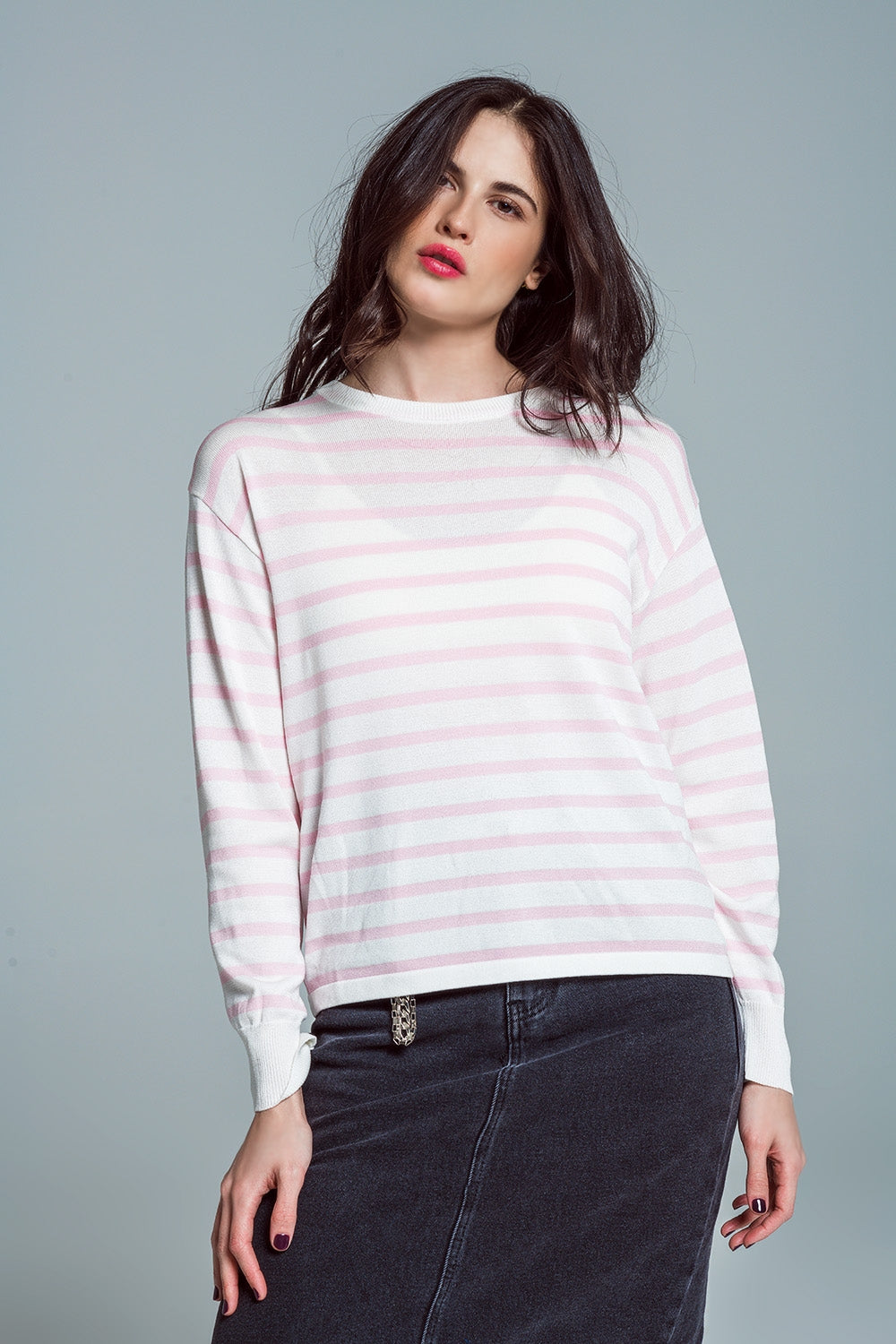 Crew Neck Basic Stripe Sweater in pink - Jumpers