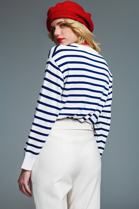 Crew Neck Basic Stripe Sweater in White and Navy - Jumpers