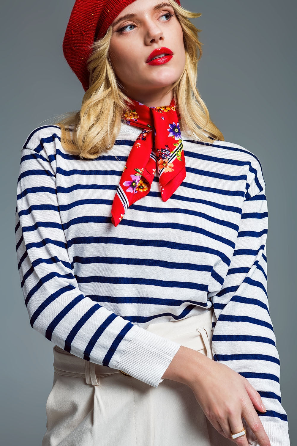 Crew Neck Basic Stripe Sweater in White and Navy - Jumpers