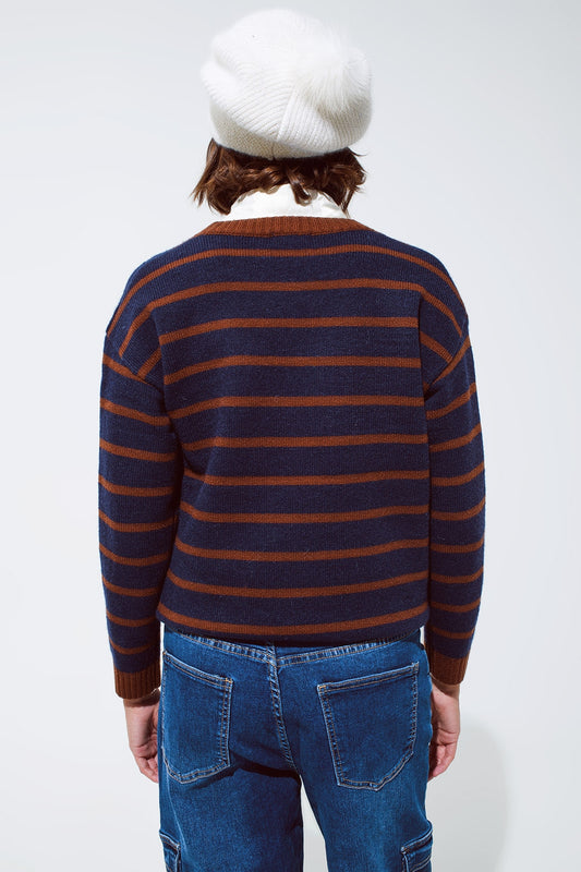 Crew Neck Stripy Sweater in Navy and Rust Orange - Jumpers