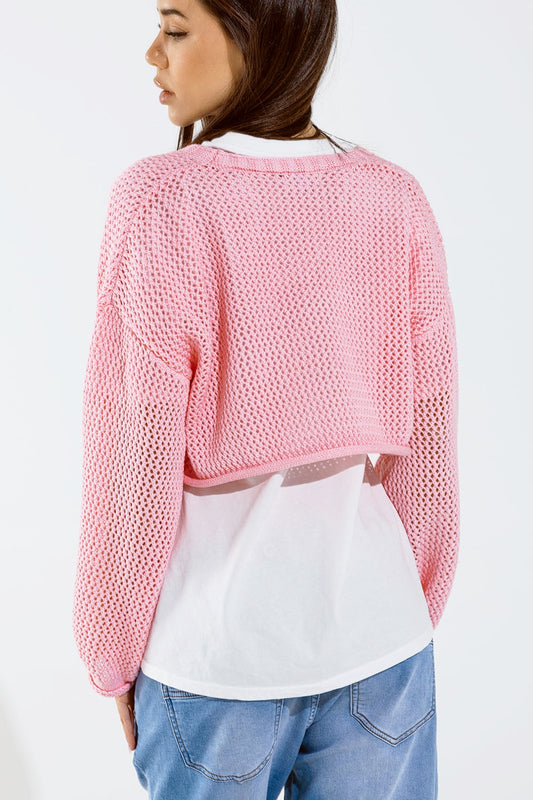 Crochet basic cropped cardigan in baby pink - Cardigans