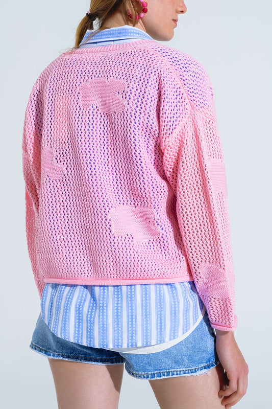Crochet Cardigan With Knitted Clouds In Pink - Cardigans