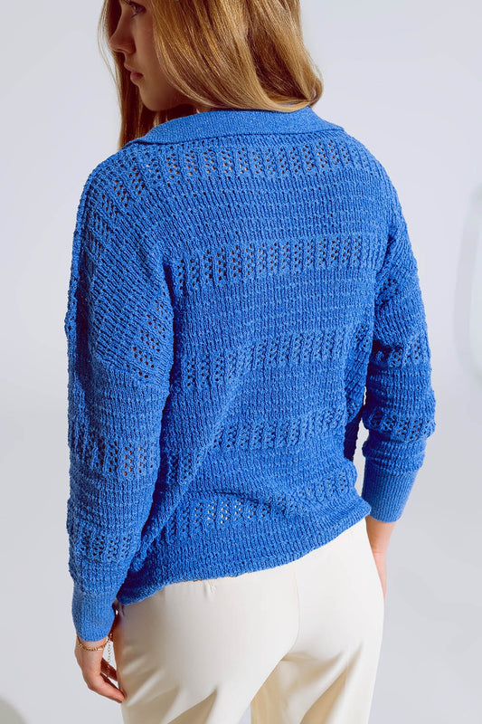 Crochet Knitted Jumper In V-neck With Polo Collar in Blue - Polos