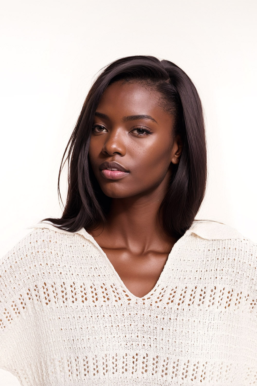 Crochet Knitted Jumper In V-neck With Polo Collar in White - Polos