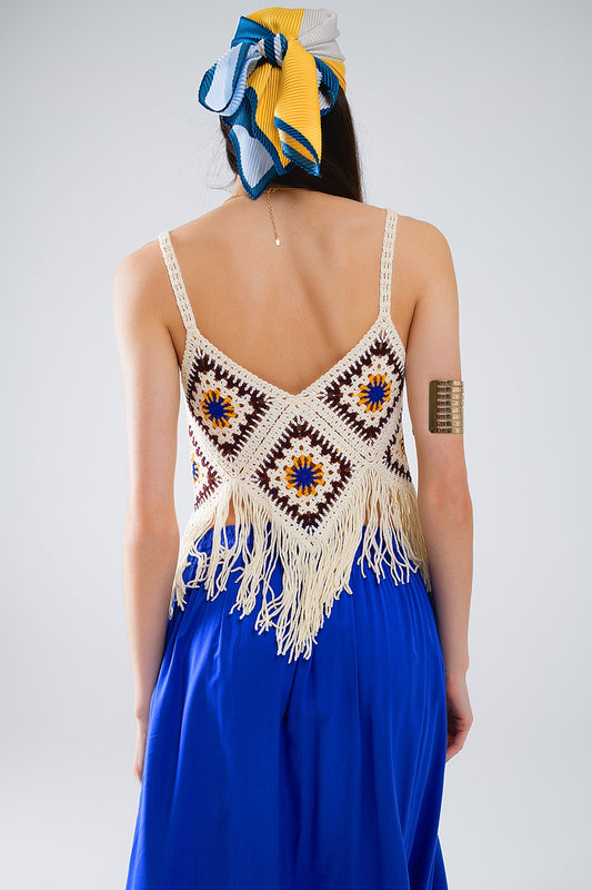 Crochet Top With Fringe Ends In Cream - Tops