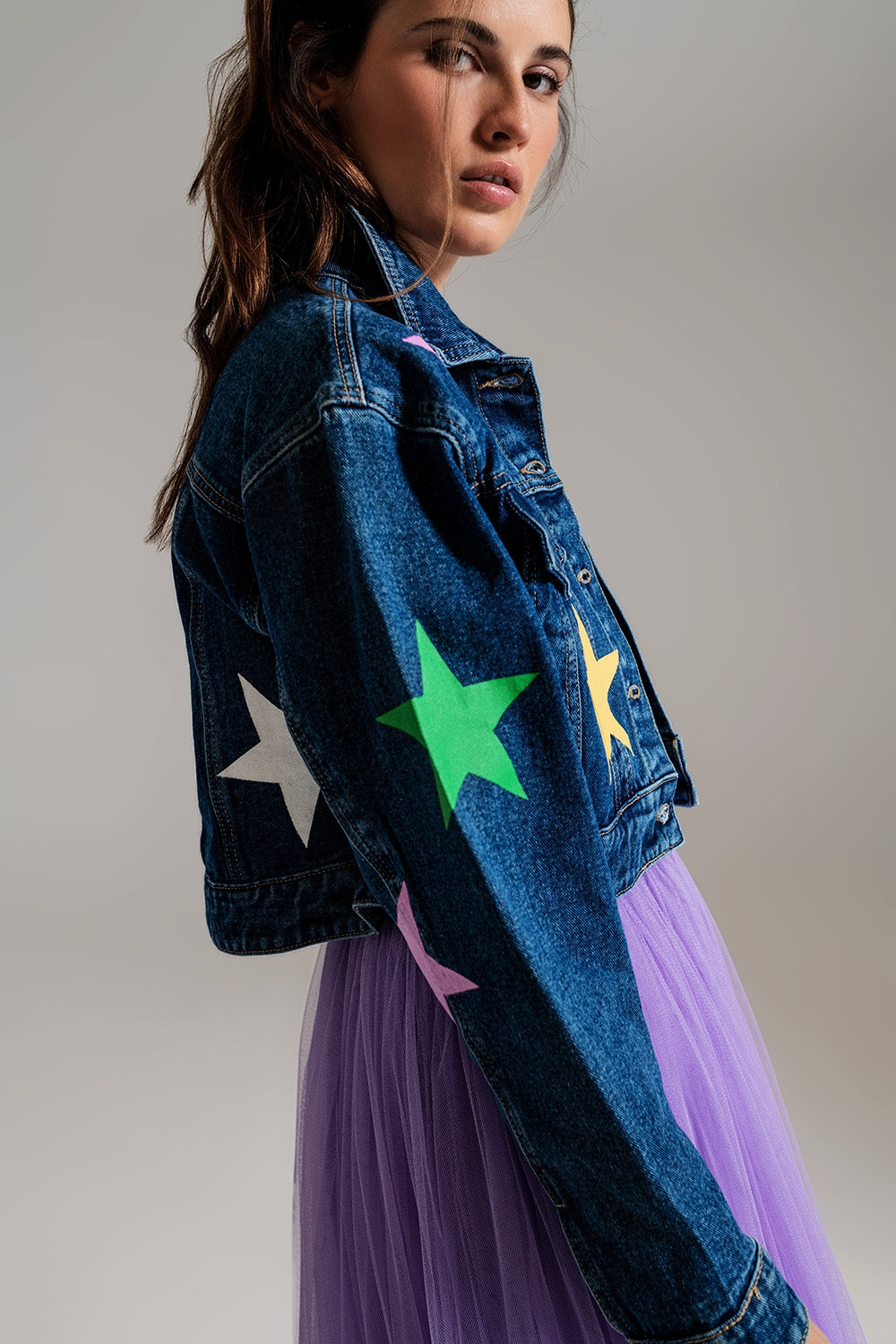 crop denim jacket with multicolored stars - Jackets