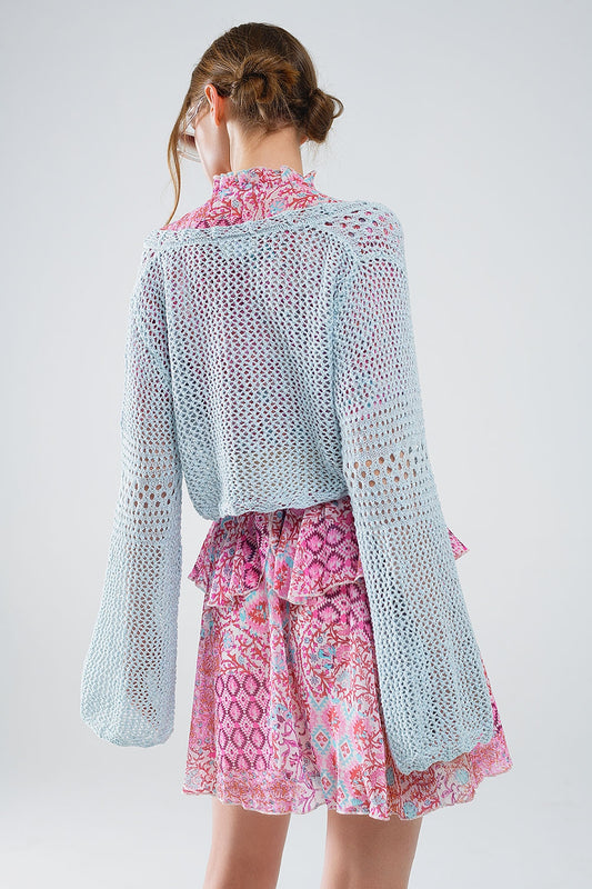 Cropped Cardigan In Baby Blue With Tie Closing - Cardigans