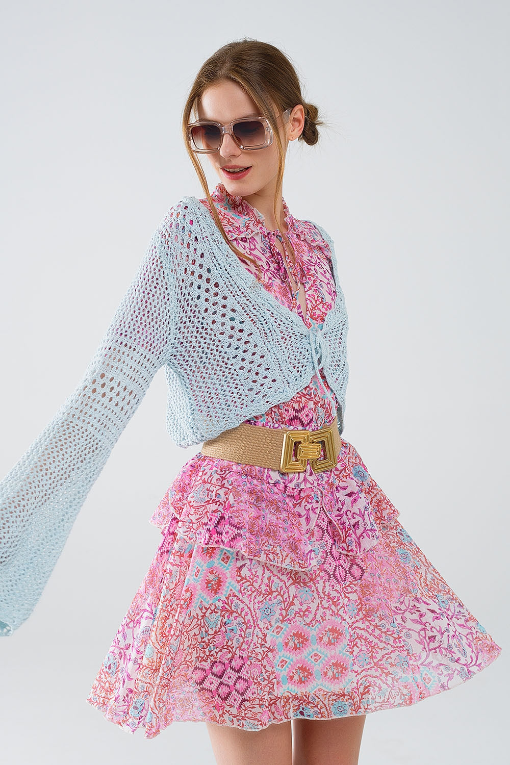 Cropped Cardigan In Baby Blue With Tie Closing - Cardigans