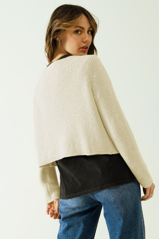 Cropped Cardigan In Lightweight Rib and V-Neckline in Cream - Cardigans