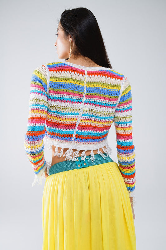 Cropped Crochet Cardigan In Multicolor Stripe - Cardigans