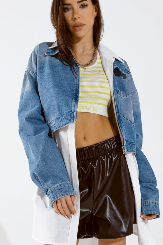 Cropped Denim Jacket with zipper closure and hand painted print at the back - Jackets
