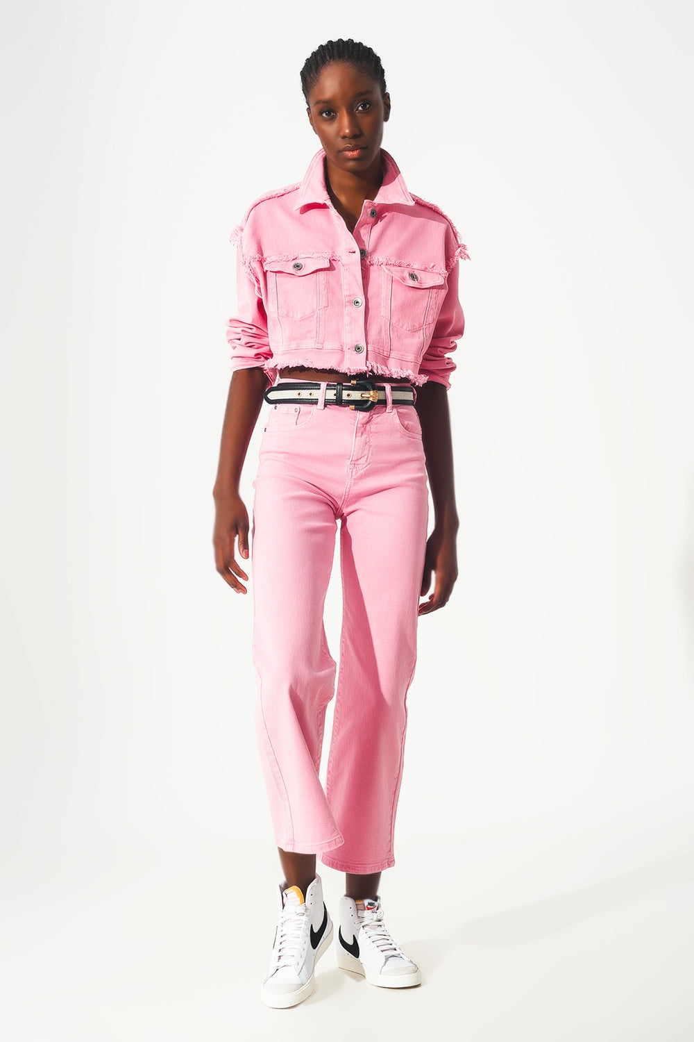 Cropped denim trucker jacket in pink - Jackets
