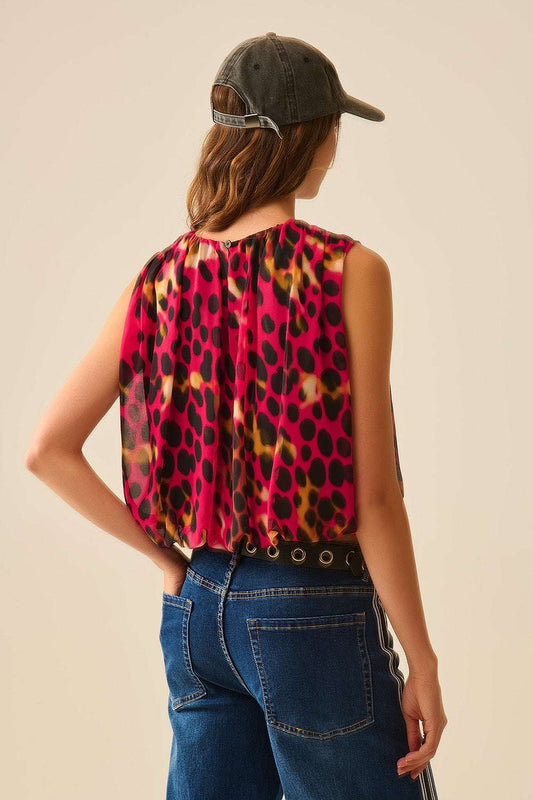Cropped Pleated Animal Print Top in Red and Black - Tops