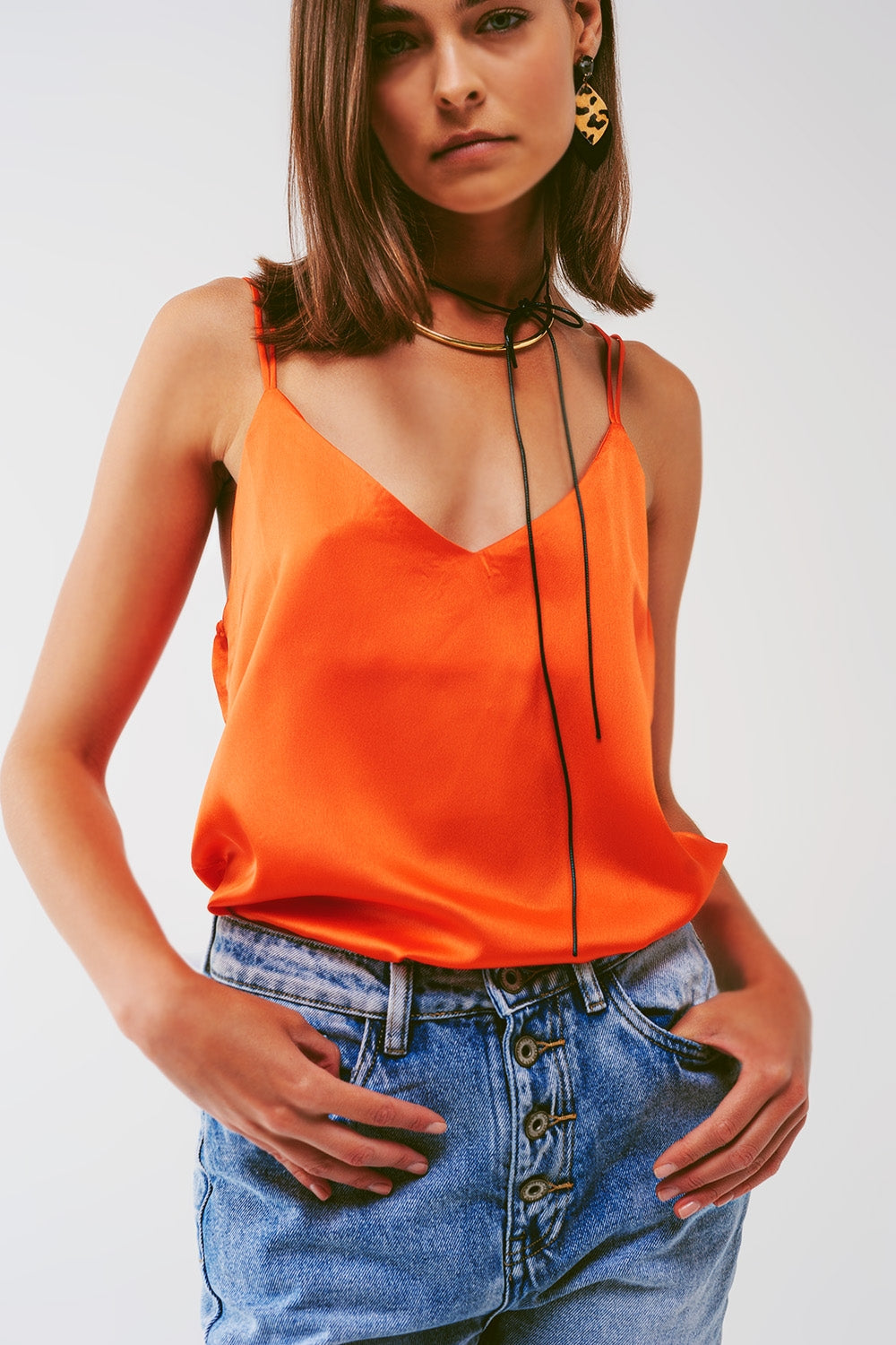 Cropped Shirt with Spaghetti Straps in Orange - Shirts