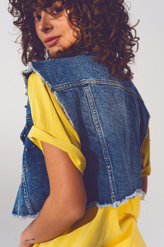 Cropped Studded Denim Vest in Blue - Vests