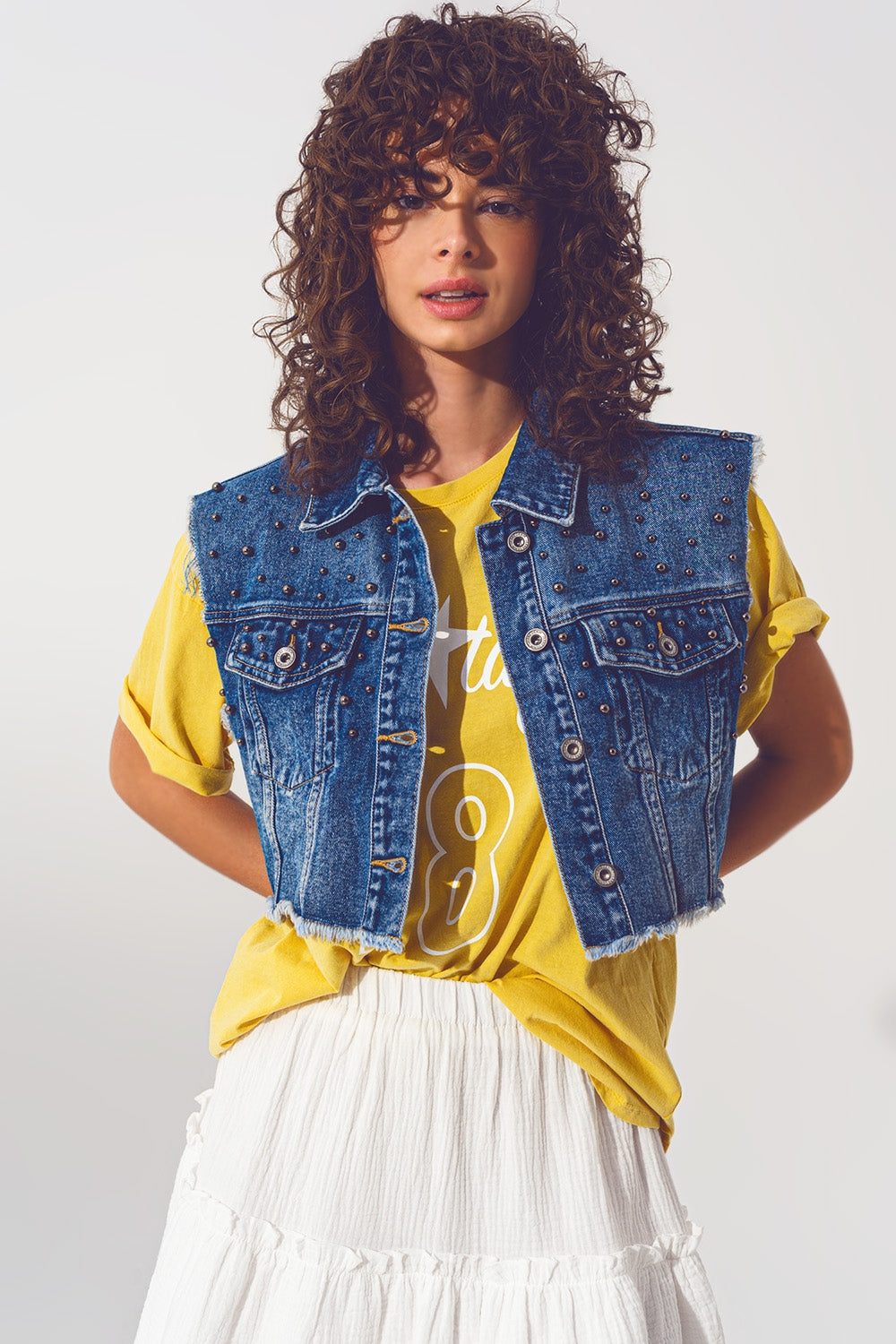 Cropped Studded Denim Vest in Blue - Vests