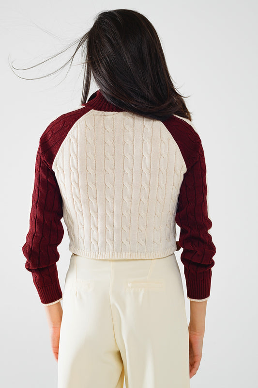 cropped white and burgundy sweater with neck zipper - Jumpers