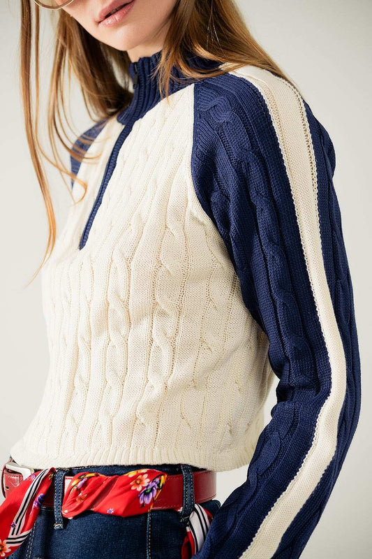 cropped white and navy sweater with neck zipper - Jumpers