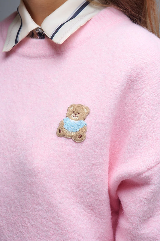 Cute Pink Cropped Bear Patch Sweater - Sweaters