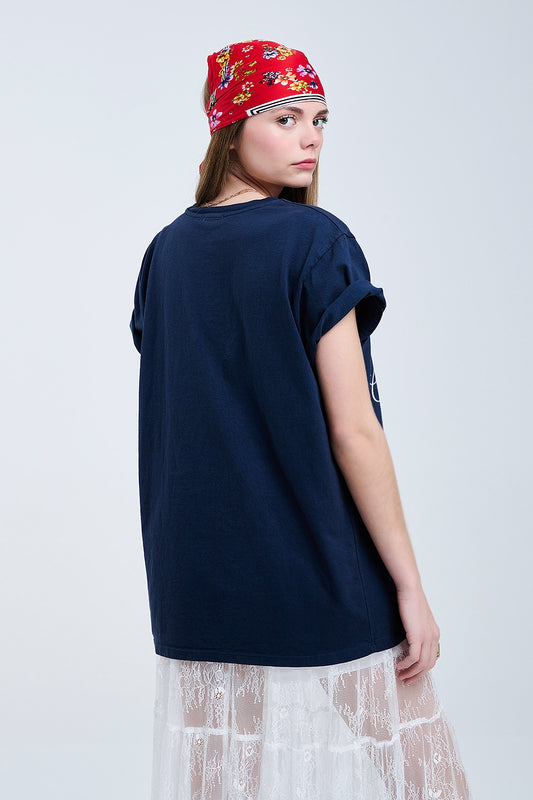 Dark Blue T Shirt With Castle Manor Design - T-Shirts