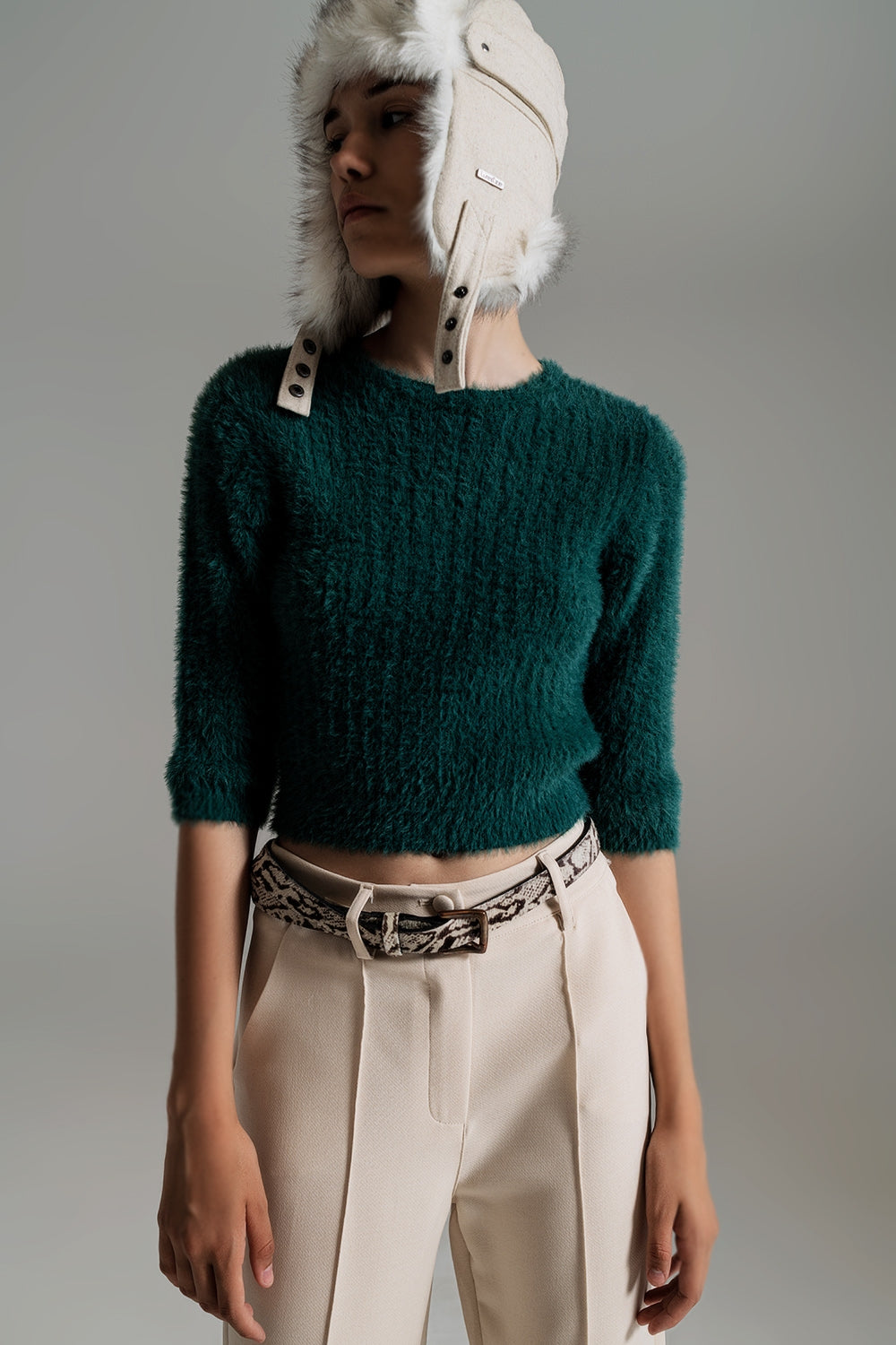 Dark green fluffy knit sweater with 3/4 sleeves - Jumpers