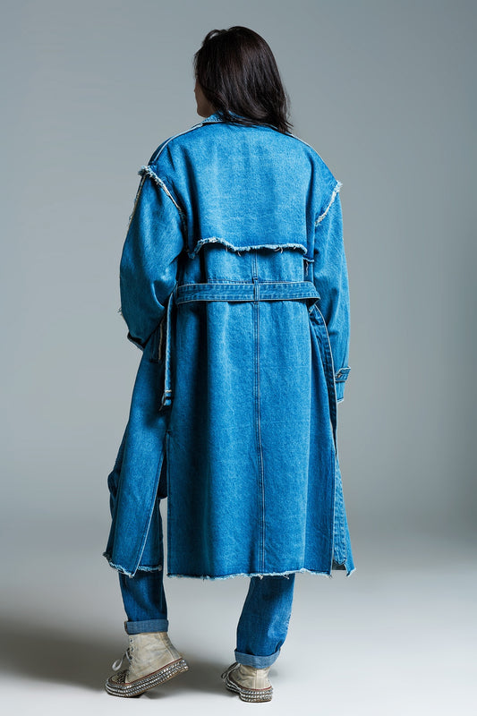 Demin trench coat with belt and raw edges in mid wash - Coats