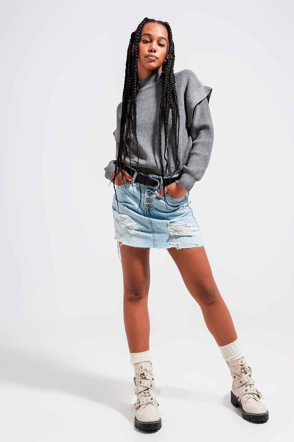 Denim button through mini skirt in light blue - Skirts