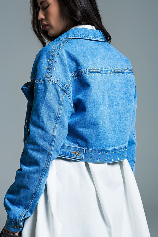 Denim cropped jacket in blue with studs and chest pockets - Jackets