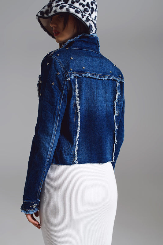 Denim jacket with frayed and embroidered details in Midwash - Jackets