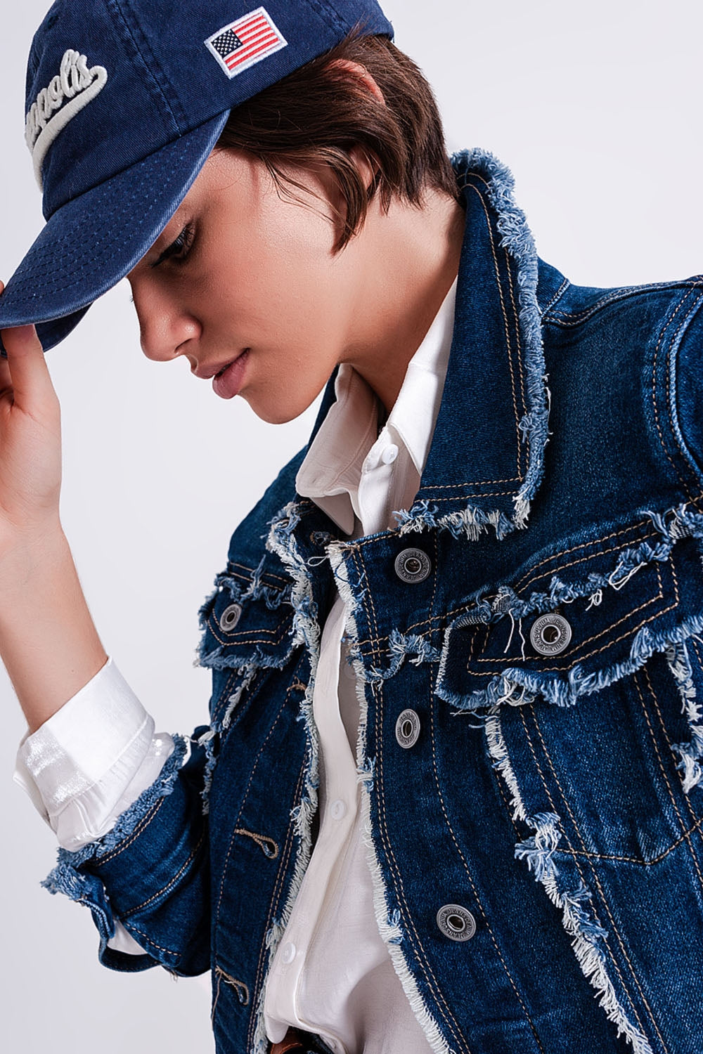 Denim jacket with frayed design and unfinished hem - Jackets