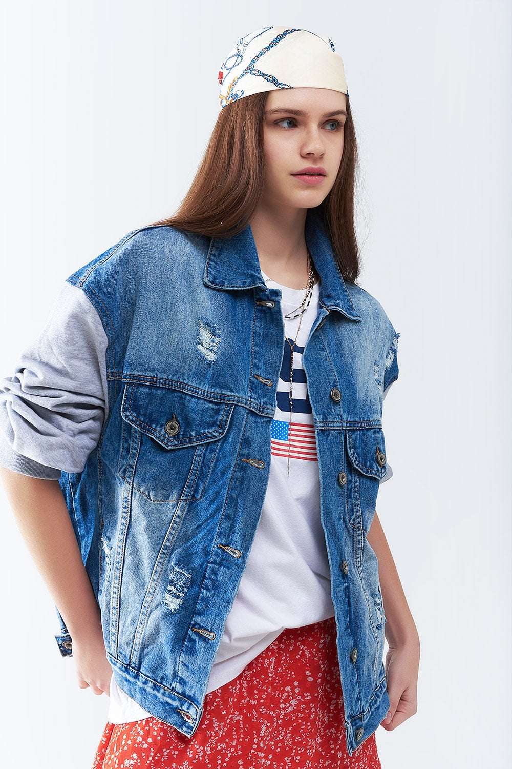 Denim Jacket with Jogging Fabric Sleeves - Jackets