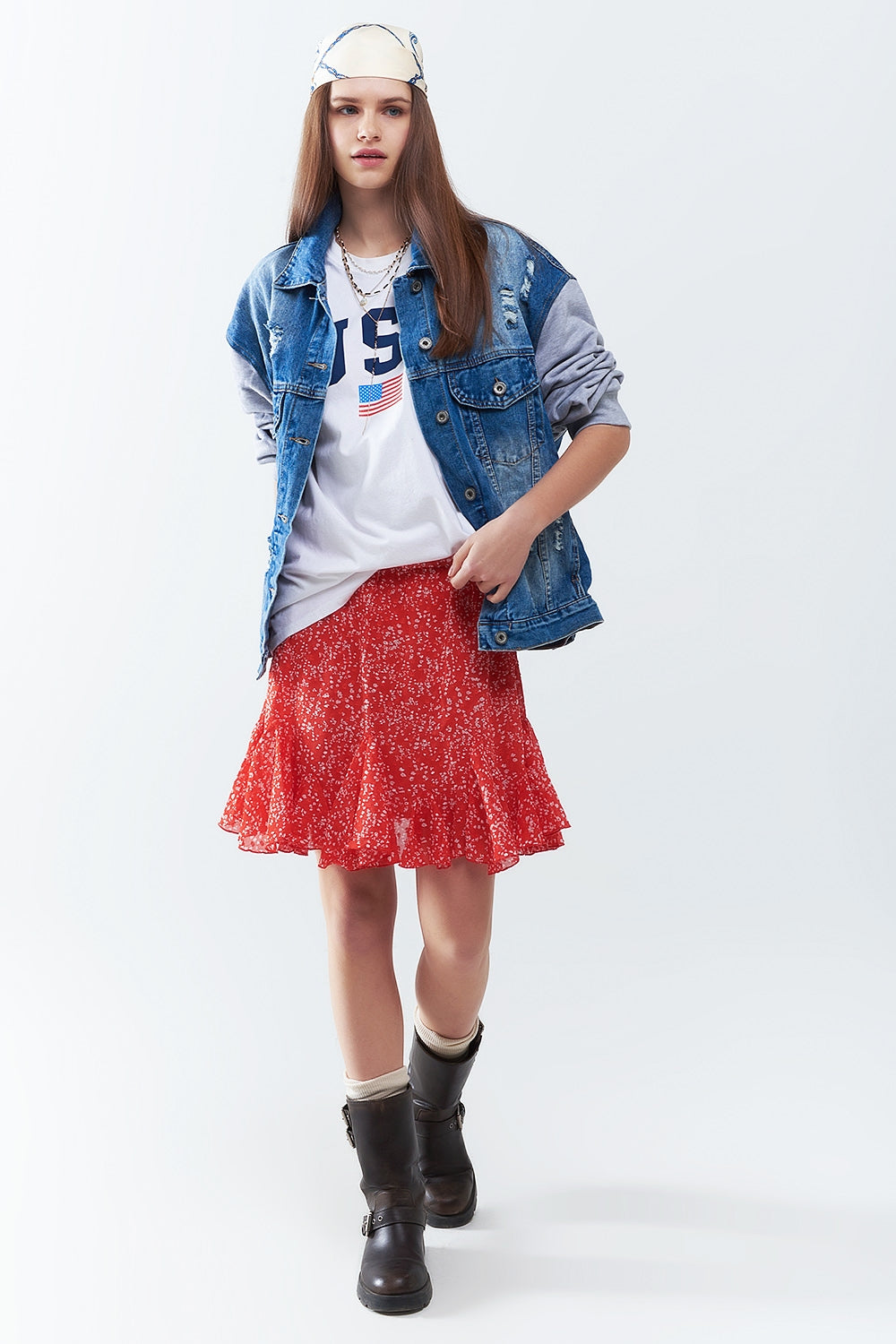 Denim Jacket with Jogging Fabric Sleeves - Jackets