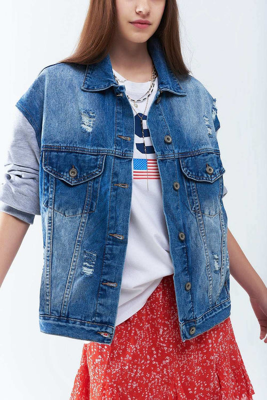 Denim Jacket with Jogging Fabric Sleeves - Jackets